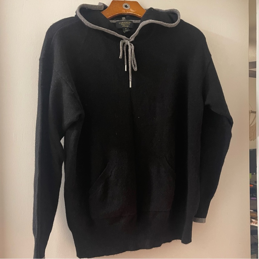 Charter Club Black Cashmere Hooded Sweater with Gray Accents